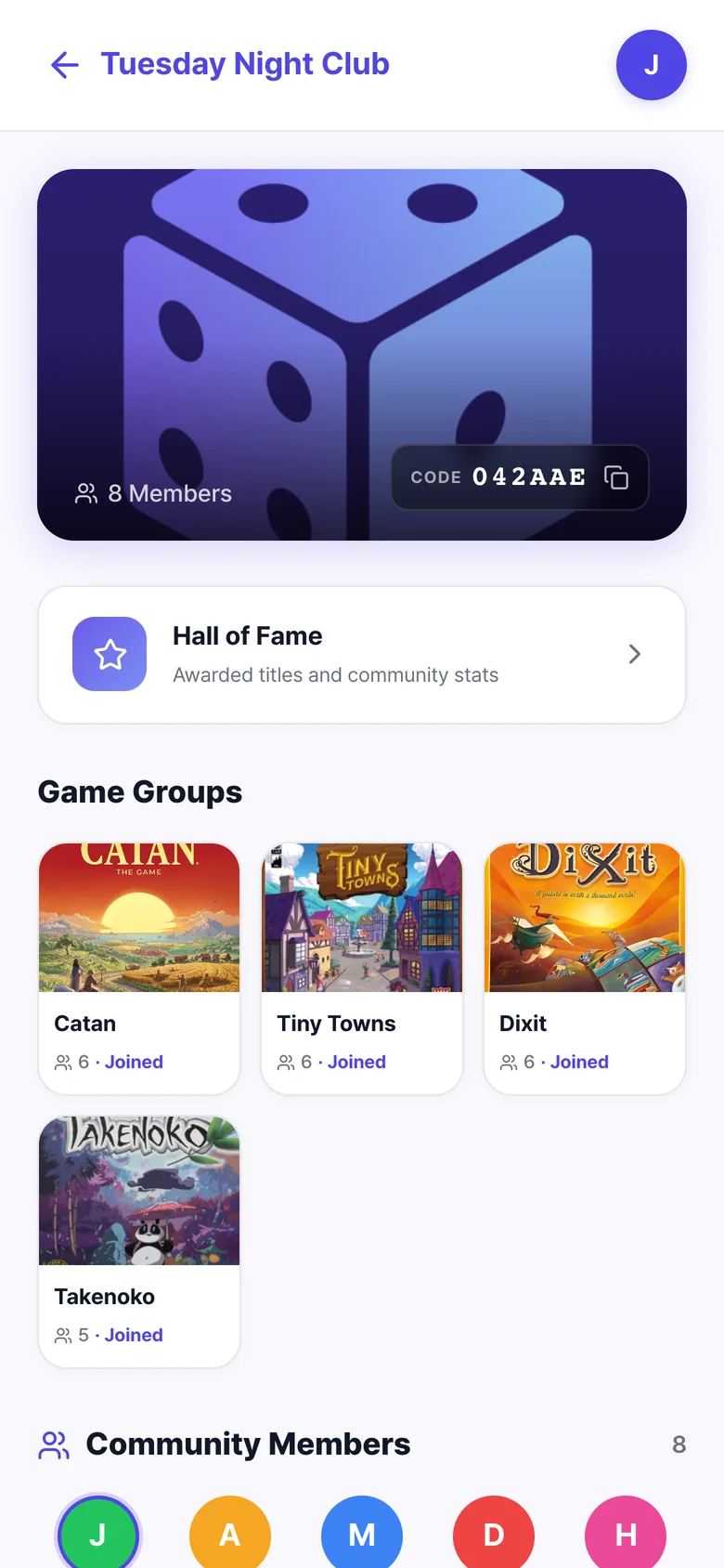Community page with a group for each board game